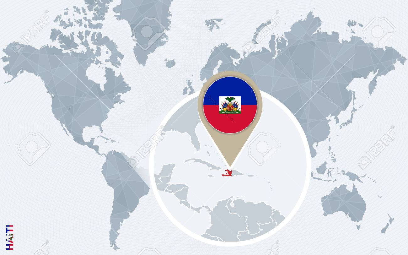 abstract blue world map with magnified haiti haiti flag and map vector illustration