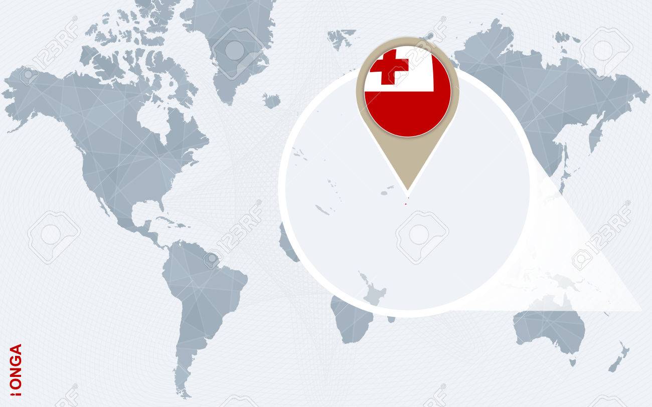 拡大トンガで抽象的な青い世界地図 トンガの国旗と地図 ベクトルの図 のイラスト素材 ベクタ Image