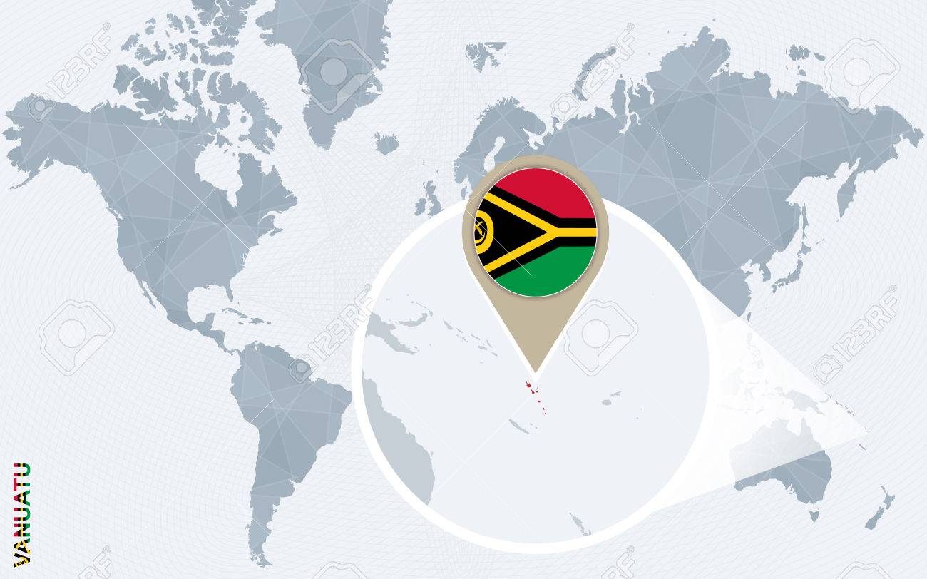 拡大バヌアツで抽象的な青い世界地図 バヌアツの国旗と地図 ベクトルの図 のイラスト素材 ベクタ Image