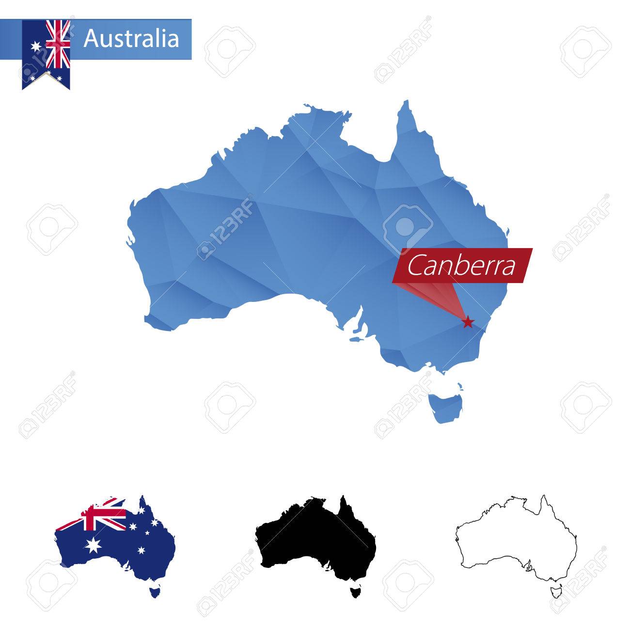 Australia Blue Low Poly Map With Capital Canberra Four Versions Royalty Free Cliparts Vectors And Stock Illustration Image