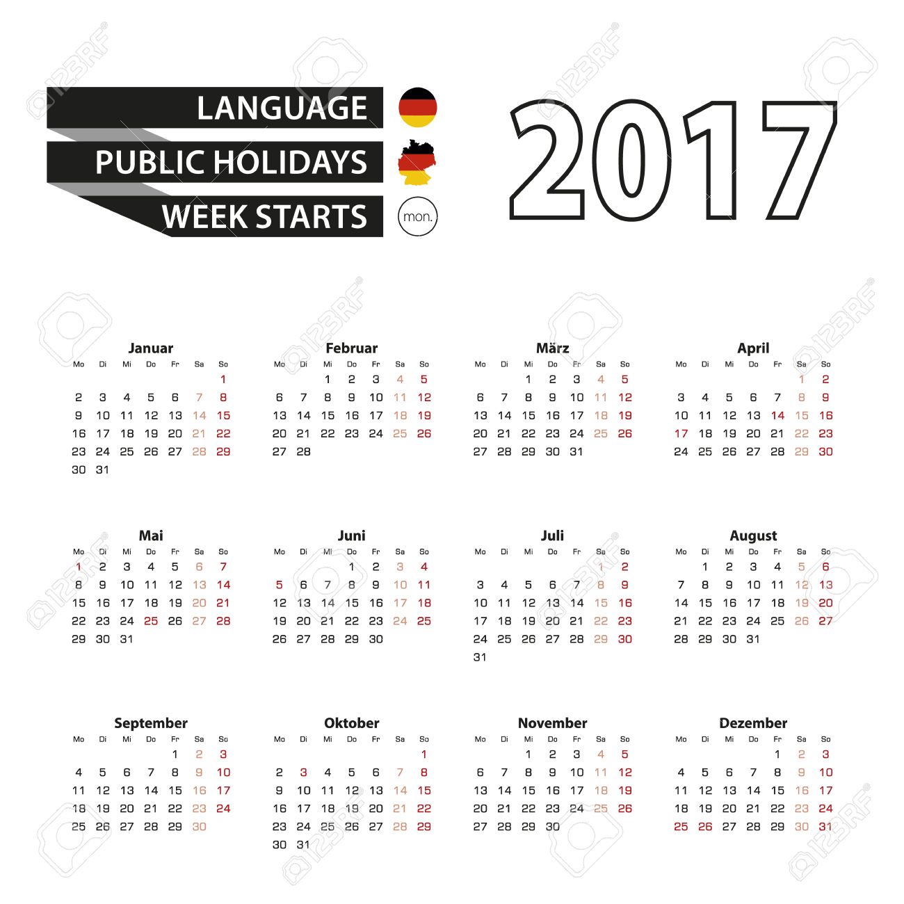 ドイツ語の暦 17 年 17 年のドイツの祝日で週は月曜日から始まります シンプルなカレンダーです ベクトルの図 のイラスト素材 ベクタ Image