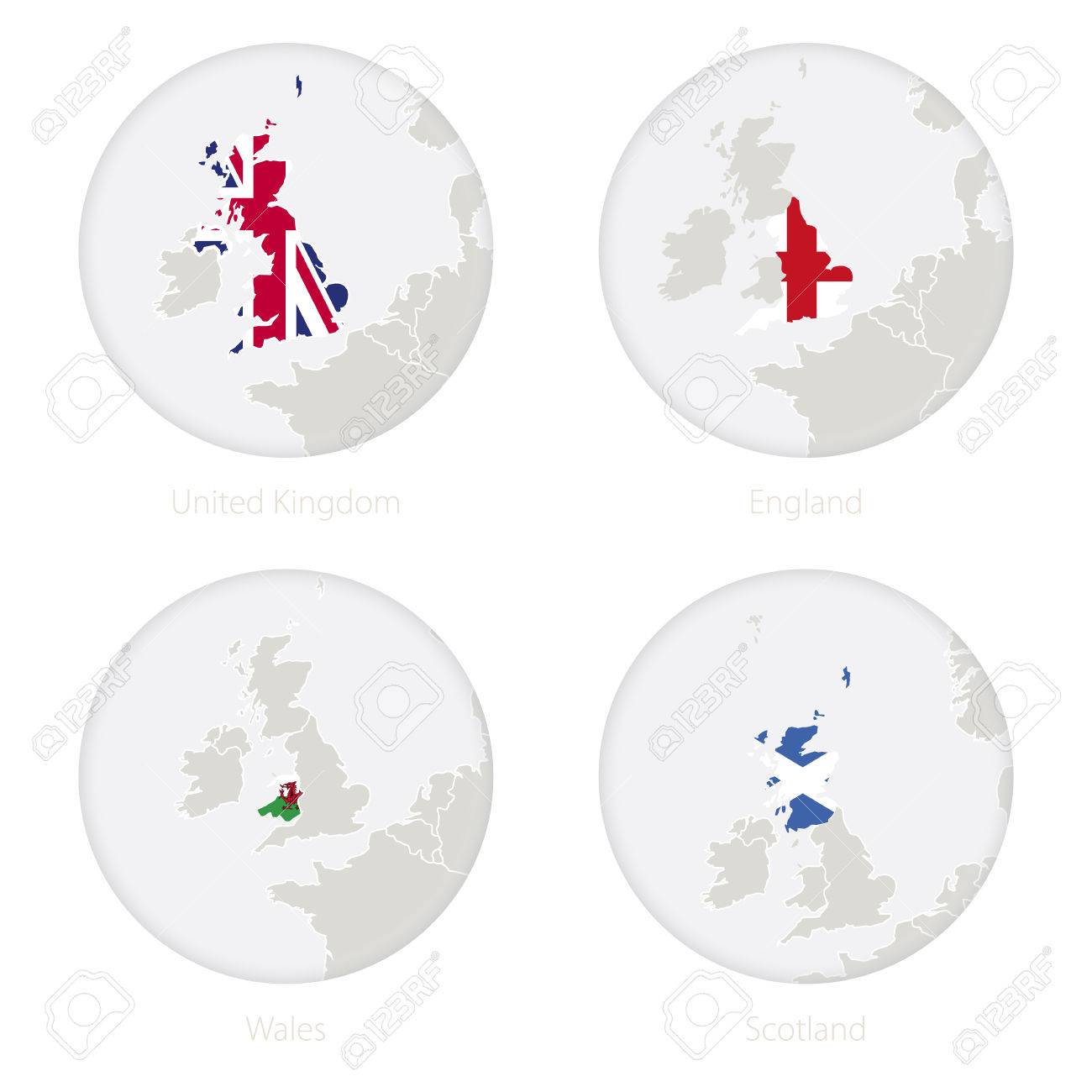 Royaume Uni Angleterre Pays De Galles Ecosse Contour De Carte Et Drapeau National En Cercle Illustration Vectorielle Clip Art Libres De Droits Vecteurs Et Illustration Image 66958585