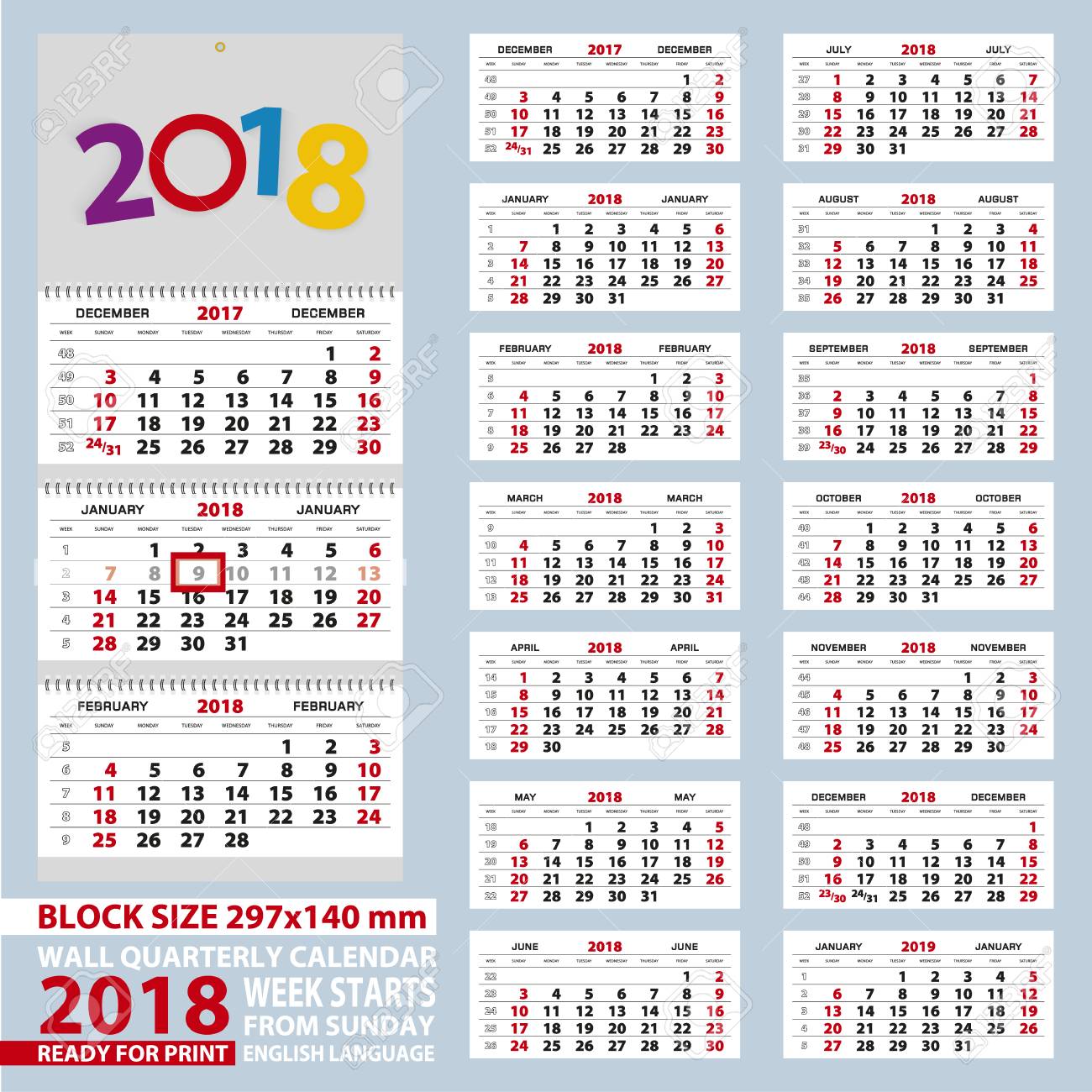 Wall Calendar 18 Week Start From Sunday Size Block Size 297x140 Mm Vector Illustration Royalty Free Cliparts Vectors And Stock Illustration Image