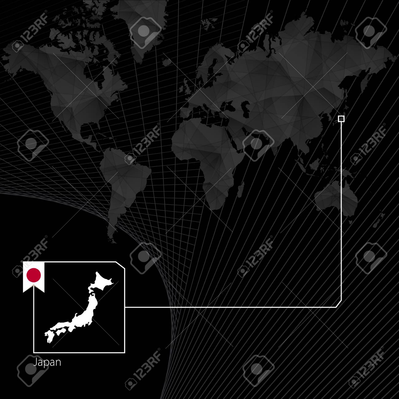 黒い世界地図上の日本 日本の地図と国旗 ベクターの図 のイラスト素材 ベクタ Image