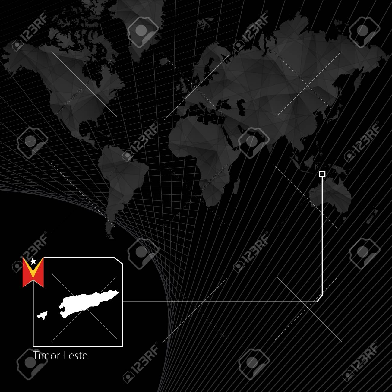 黒い世界地図上の東ティモール 東ティモールの地図と旗 のイラスト素材 ベクタ Image