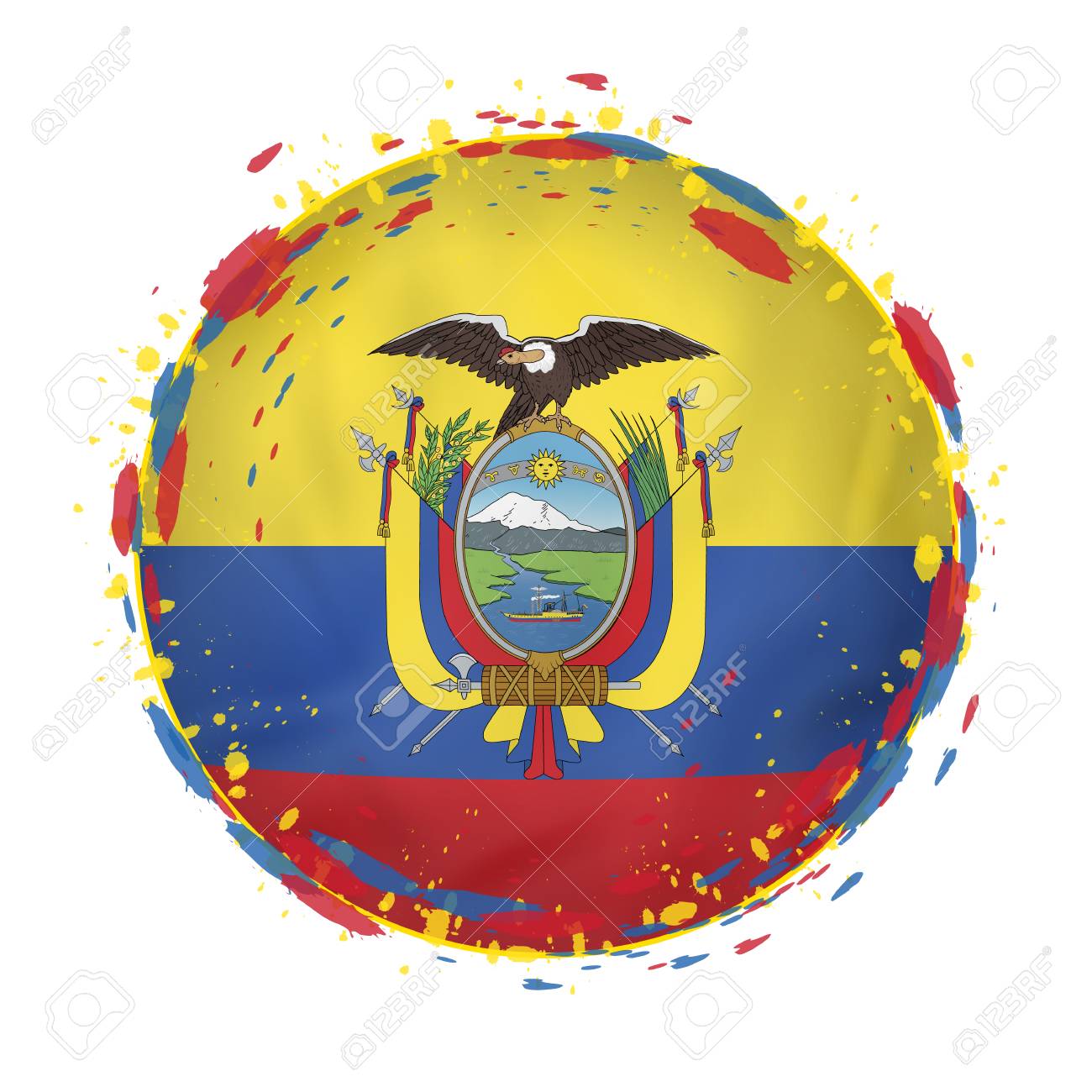 round grunge flag of ecuador with splashes in flag color vector