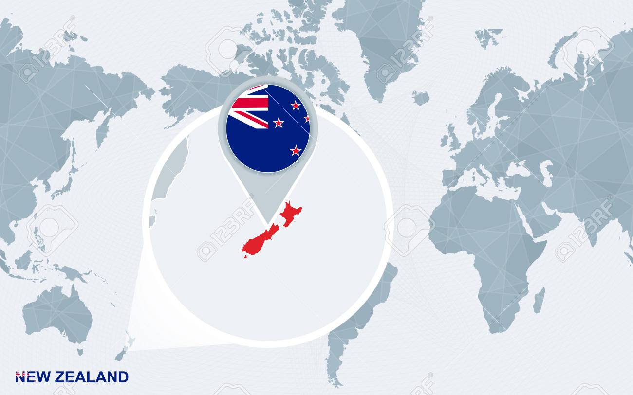New Zealand On A World Map World Map Centered On America With Magnified New Zealand. Blue 