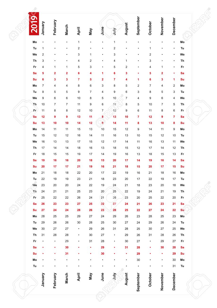 one row vertical calendar 2019 monday first day of the week vertical calendar