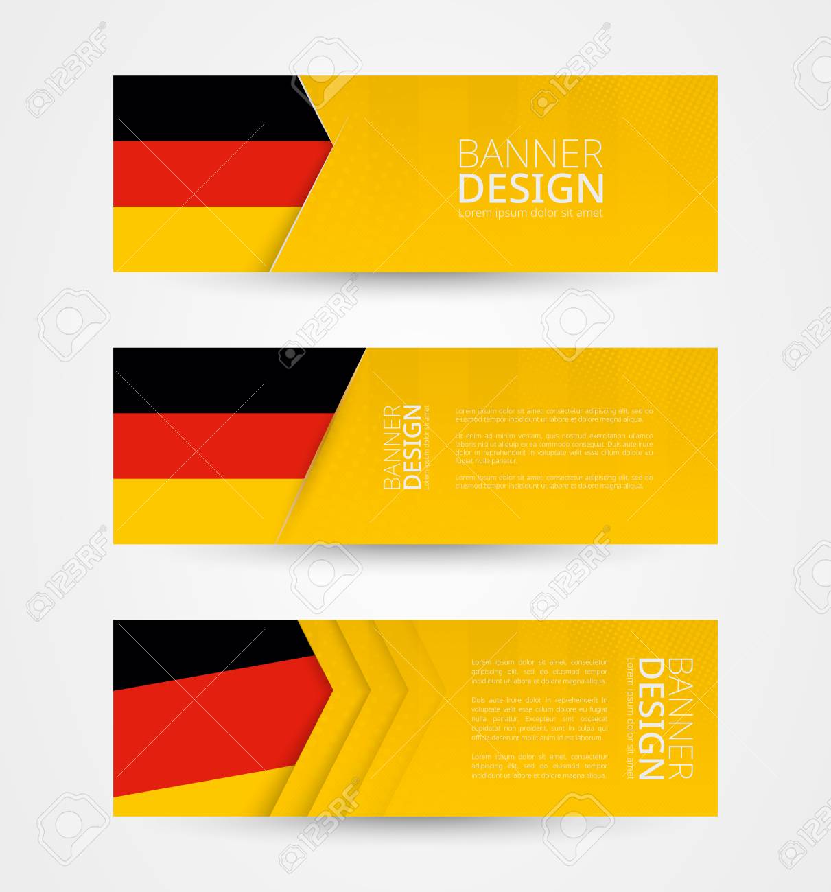Set of three horizontal banners with flag of Germany. Web banner design template in color of Germany flag. Vector illustration. - 125260024 Set of three horizontal banners with flag of Germany. Web banner design template in color of Germany flag. Vector illustration. - 125260024