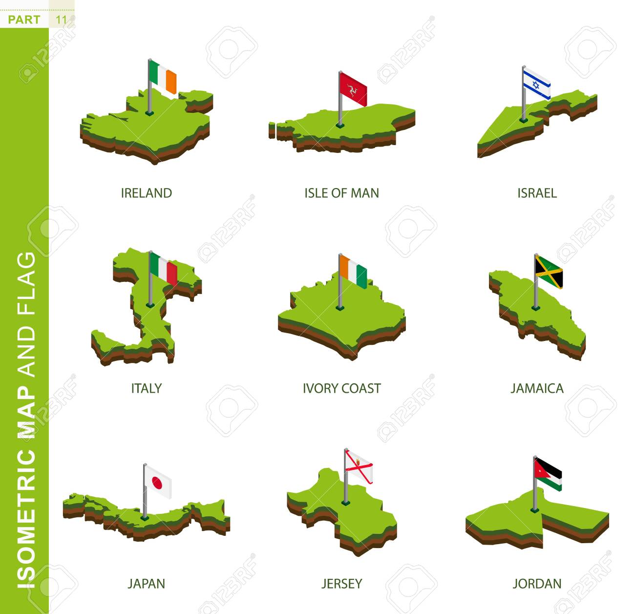 Set of 9 isometric map and flag, 3D vector isometric shape of Ireland, Isle of Man, Israel, Italy, Ivory coast, Jamaica, Japan, Jersey, Jordan - 134229166 Set of 9 isometric map and flag, 3D vector isometric shape of Ireland, Isle of Man, Israel, Italy, Ivory coast, Jamaica, Japan, Jersey, Jordan - 134229166