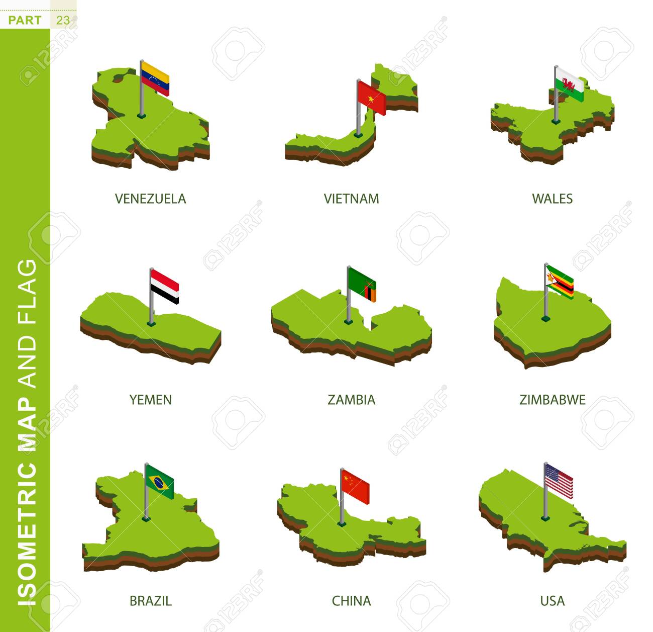 Set of 9 isometric map and flag, 3D vector isometric shape of Venezuela, Vietnam, Wales, Yemen, Zambia, Zimbabwe, Brazil, China, USA - 134229935 Set of 9 isometric map and flag, 3D vector isometric shape of Venezuela, Vietnam, Wales, Yemen, Zambia, Zimbabwe, Brazil, China, USA - 134229935