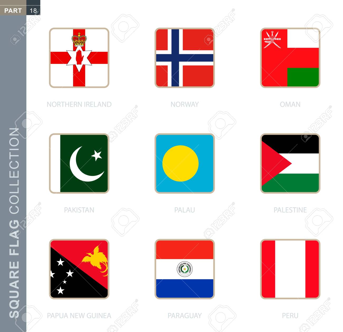 Square Flags Collection Of The World Square Flags Of Northern Ireland Norway Oman Pakistan Palau Palestine Papua New Guinea Paraguay Peru Royalty Free Cliparts Vectors And Stock Illustration Image