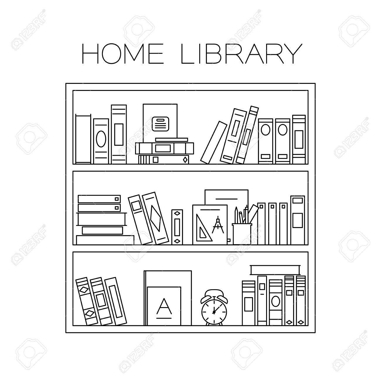 書籍 目覚まし時計 鉛筆とカップで本棚 ベクトルの細い線のイラスト のイラスト素材 ベクタ Image