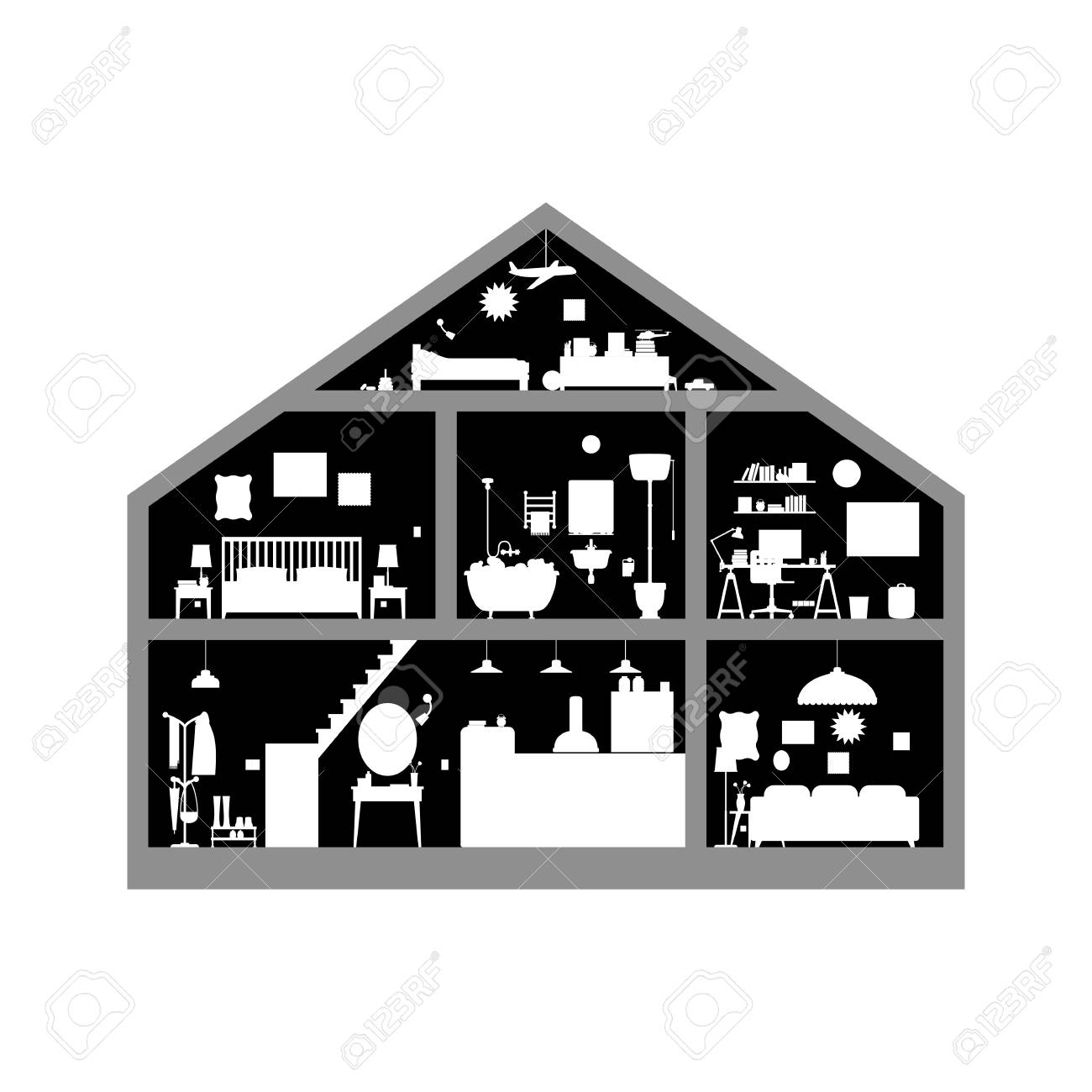House Inside. Black And White Illustration Of House With Set Of Basic  Rooms. House In Cut With Silhouette Of Furniture. Royalty Free SVG,  Cliparts, Vectors, and Stock Illustration. Image 126088436., image size:1300x1300