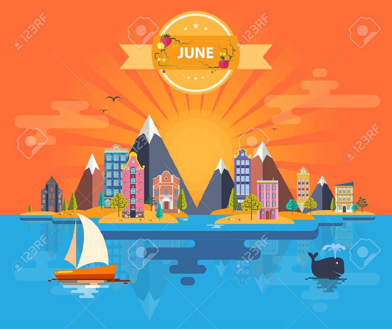 夏の風景 小さな町 都市建物の 6 を設定します カレンダーです 月 6 月インフォ グラフィック山 太陽 光 自然 川 公園 都市フラット デザイン ストック イメージ イラストのイラスト素材 ベクタ Image