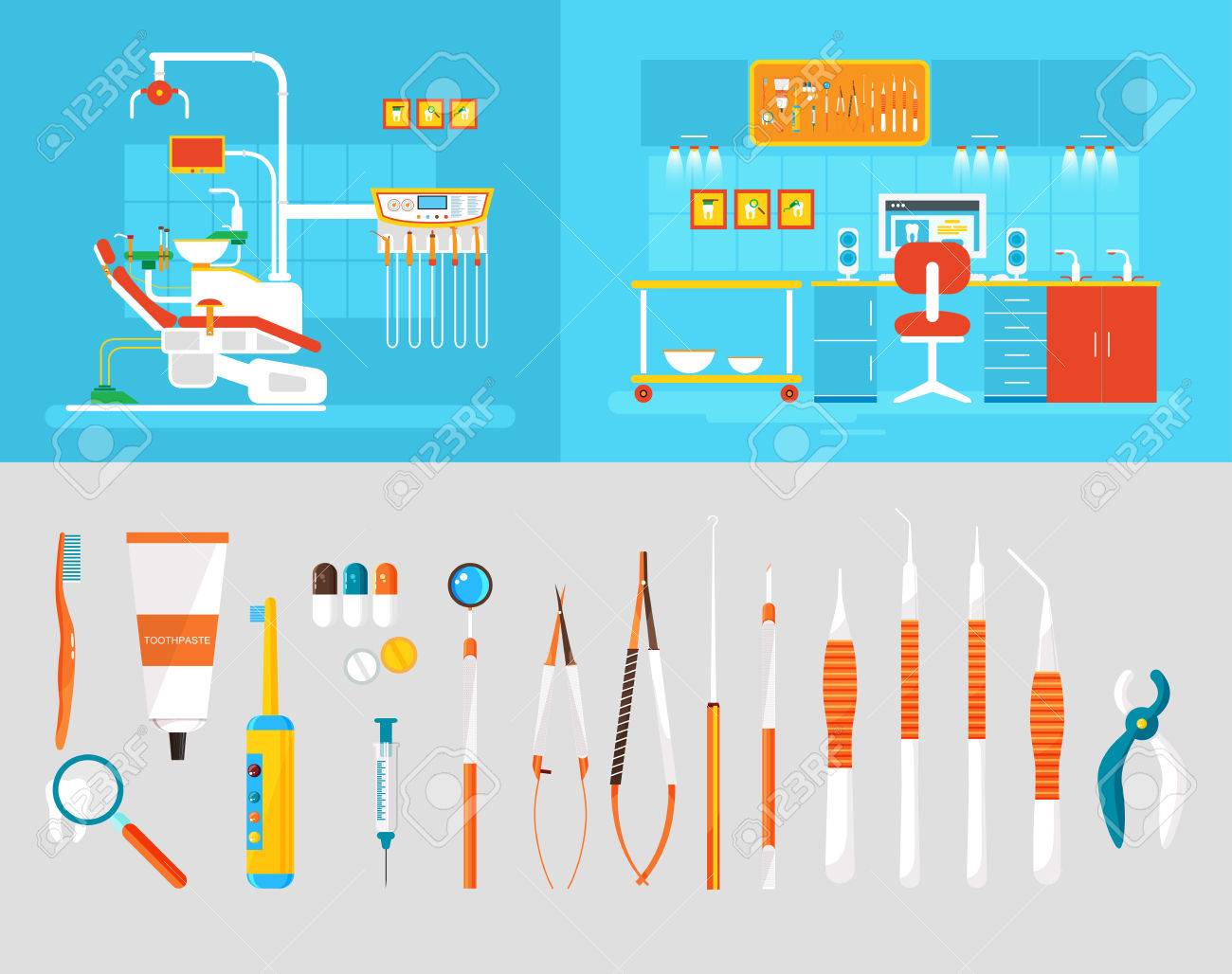 歯科用椅子 歯科医院 歯医者 歯科用機器 インフォ グラフィック Web サイト アイコン ゲーム モーション デザイン ビデオのフラット スタイル要素に医療スタッフのオフィスの株式ベクトル イラスト セットのイラスト素材 ベクタ Image
