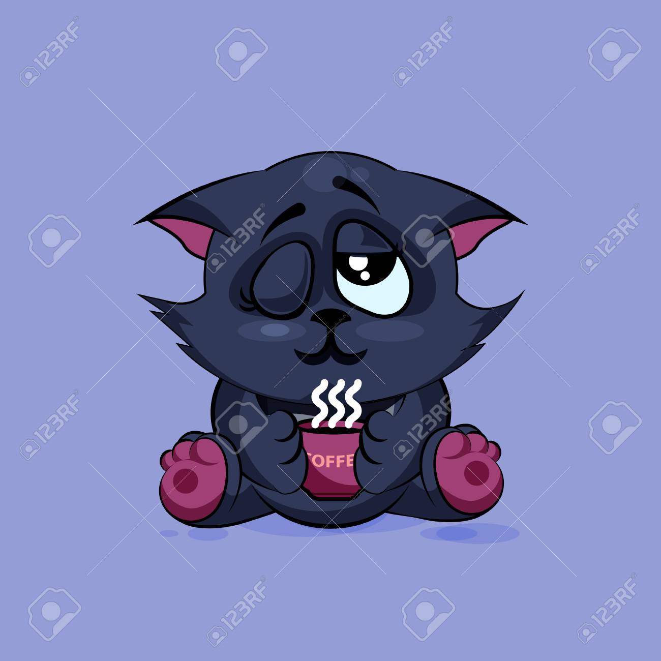 Vector Illustration Isolé Emoji Dessin Animé Caractère Chat Noir Vient De Se Réveiller Avec Tasse De Café Autocollant émoticône Pour Le Site