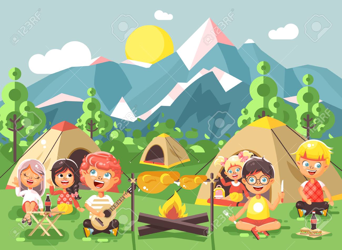 Stock Vector Illustration Cartoon Characters Children Boy Sings Playing Guitar With Girl Scouts, Camping On Nature, Hike Tents And Backpacks, Adventure Park Outdoor Background Of Mountains Flat Style Royalty Free SVG, Cliparts, Stock Vector Illustration Cartoon Characters Children Boy Sings Playing Guitar With Girl Scouts, Camping On Nature, Hike Tents And Backpacks, Adventure Park Outdoor Background Of Mountains Flat Style Royalty Free SVG, Cliparts,