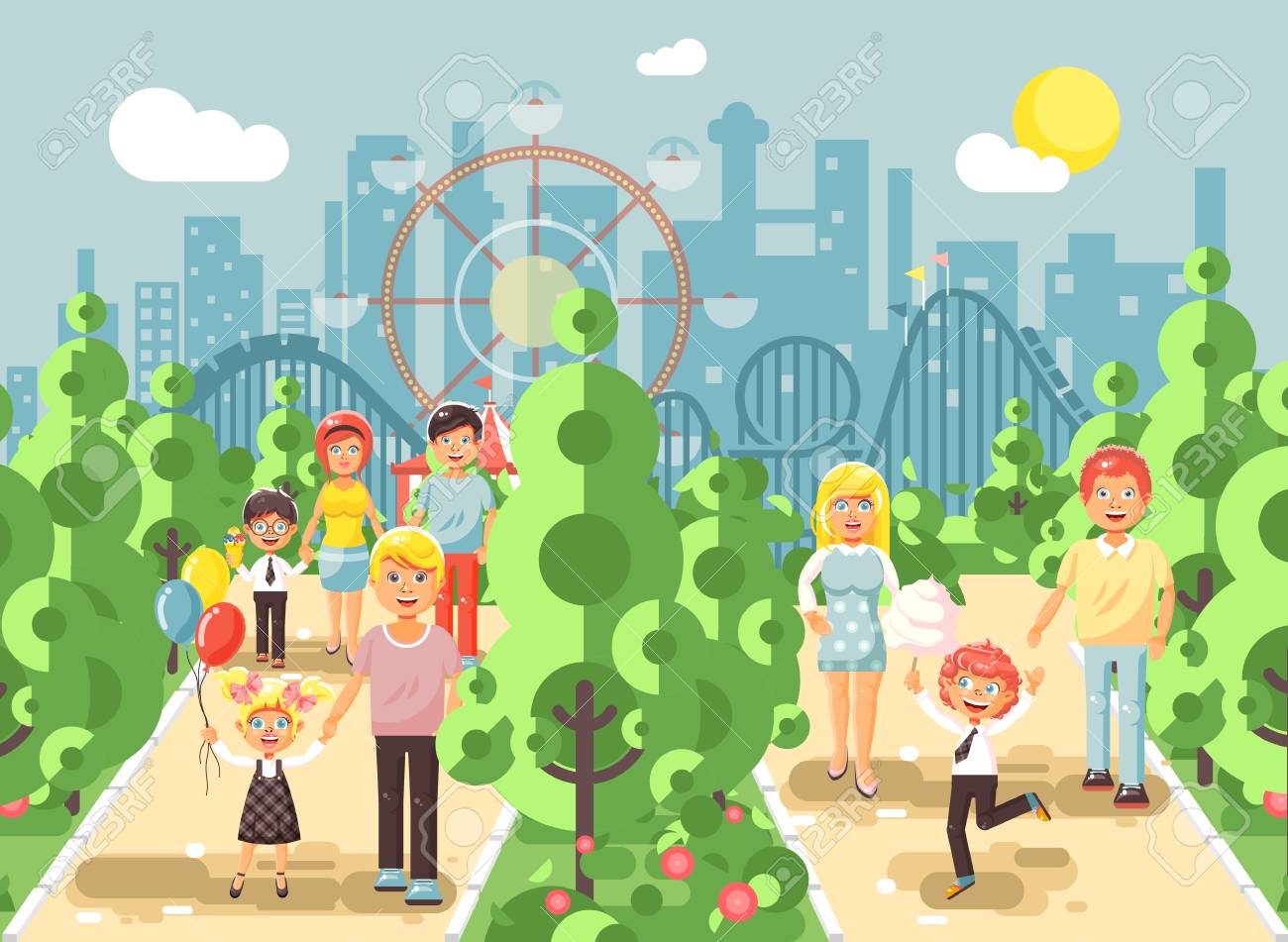 ベクトル イラスト子供 子供の日 風船を持つ親の散策プロムナードを歩く 食べるアイスクリームや綿菓子遊園地 屋外コースター スイッチ バック背景フラット スタイル の写真素材 画像素材 Image 83257733