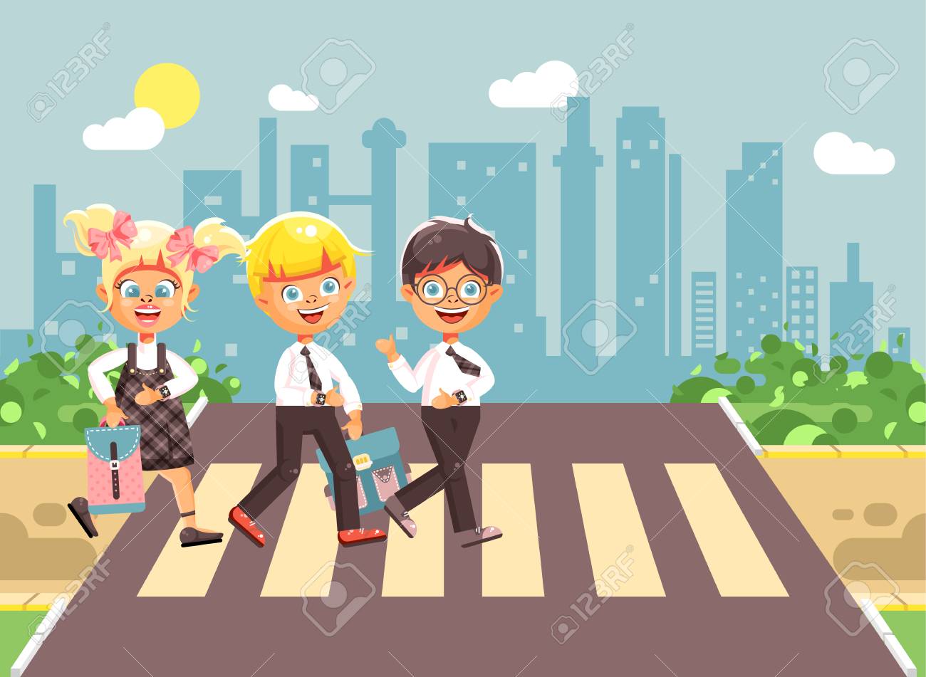 ベクトル イラスト漫画文字子供 交通ルール 男の子 女の子の小学生の同級生の道路横断歩道 学校フラット スタイルに戻って 街の背景への遵守のイラスト素材 ベクタ Image