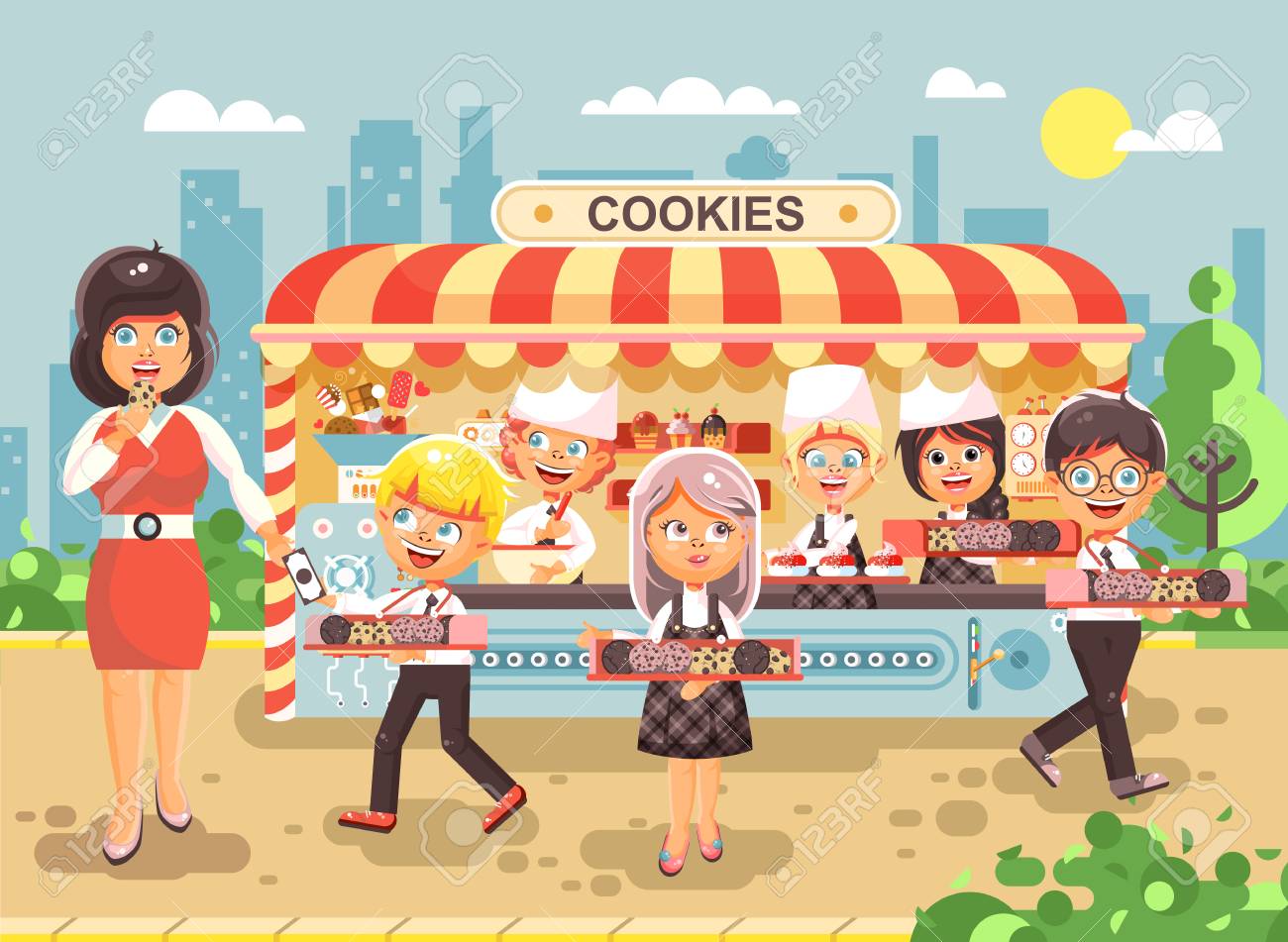 Ilustración Vectorial Personajes De Dibujos Animados Niños, Alumnos, Colegiales Y Colegialas Venta De Pequeños Negocios Fabricación De Galletas Para Hornear, Magdalenas, Comidas En Puestos, Comida, Tarea Escolar Snack Estilo Plano Ilustraciones Svg, Ilustración Vectorial Personajes De Dibujos Animados Niños, Alumnos, Colegiales Y Colegialas Venta De Pequeños Negocios Fabricación De Galletas Para Hornear, Magdalenas, Comidas En Puestos, Comida, Tarea Escolar Snack Estilo Plano Ilustraciones Svg,