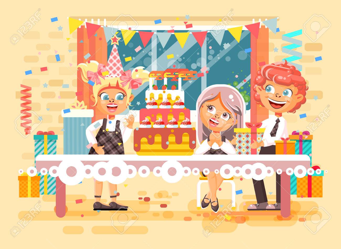Vector Illustration Personnages De Dessins Animes Enfants Amis Garcons Filles Celebrent Joyeux Anniversaire Felicitant Donnant Des Cadeaux Enorme Gateau Festif Avec Bougies Style Plat Sur Fond De Fenetre Clip Art Libres De