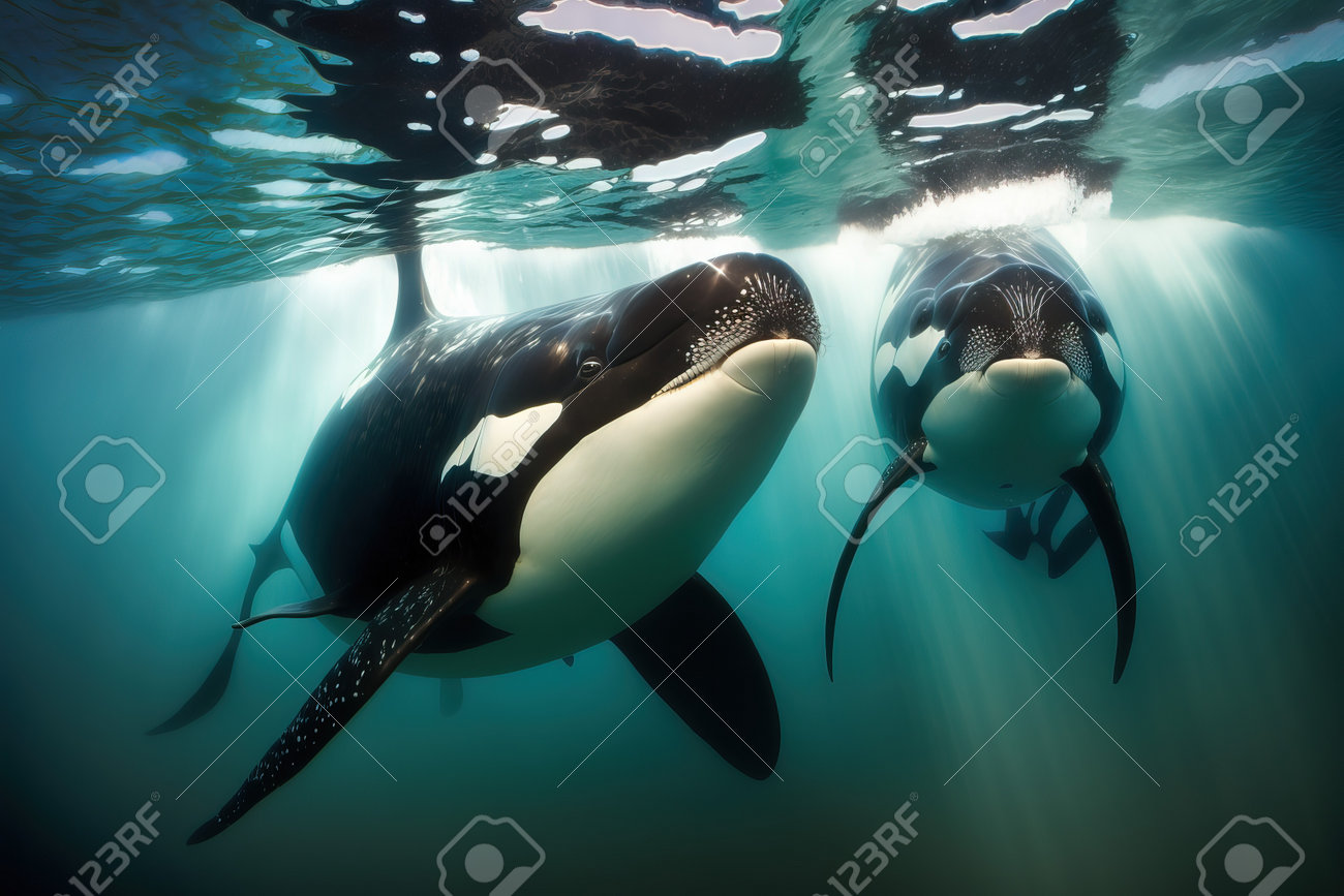 Killer Whales Swimming In The Deep Blue Waters Of The Pacific Ocean Stock  Photo, Picture and Royalty Free Image. Image 201763938.