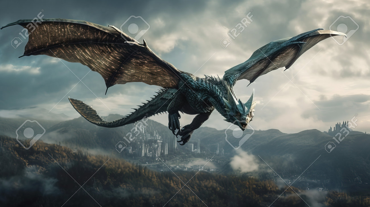 3D Rendering Of A Fantasy Dragon Flying Over A City And Mountains Stock  Photo, Picture and Royalty Free Image. Image 201767262., image size:1300x729