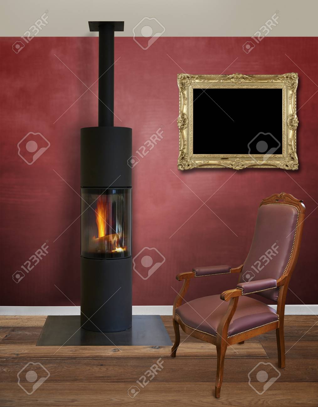modern interior with modern wood burner against textured red stock