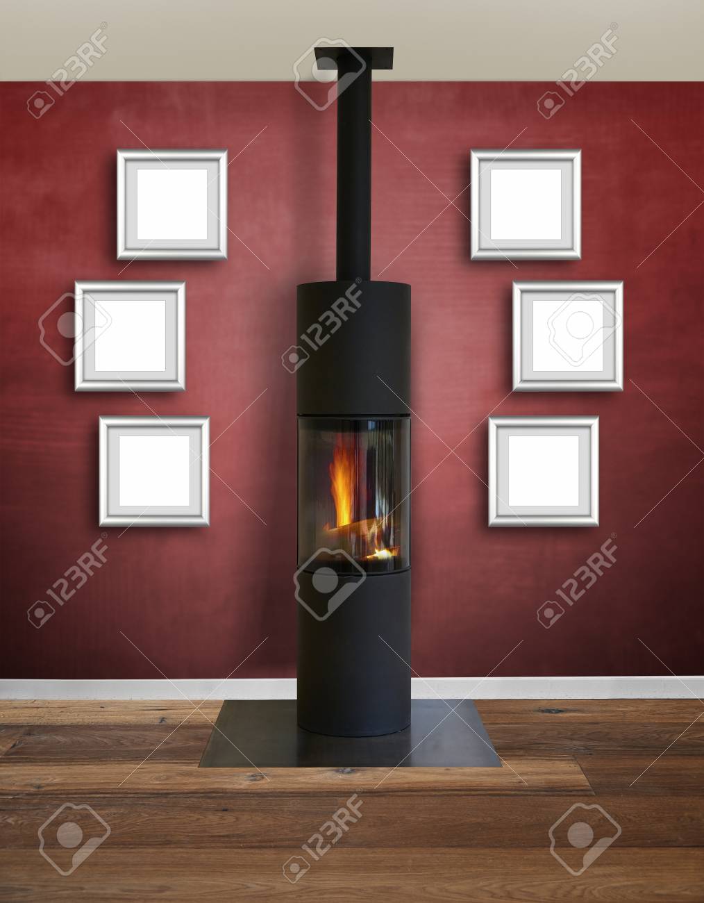 modern interior with modern wood burner against textured red stock