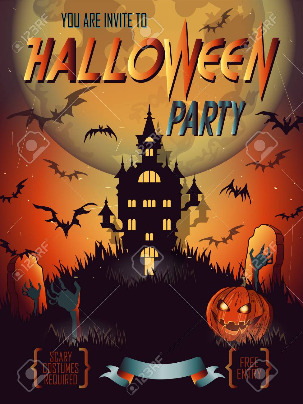 Halloween Party Invitation With Haunted House Bat Moon And Other Items On Halloween Halloween Party Invitation With Haunted House Bat Moon And Other Items On Halloween
