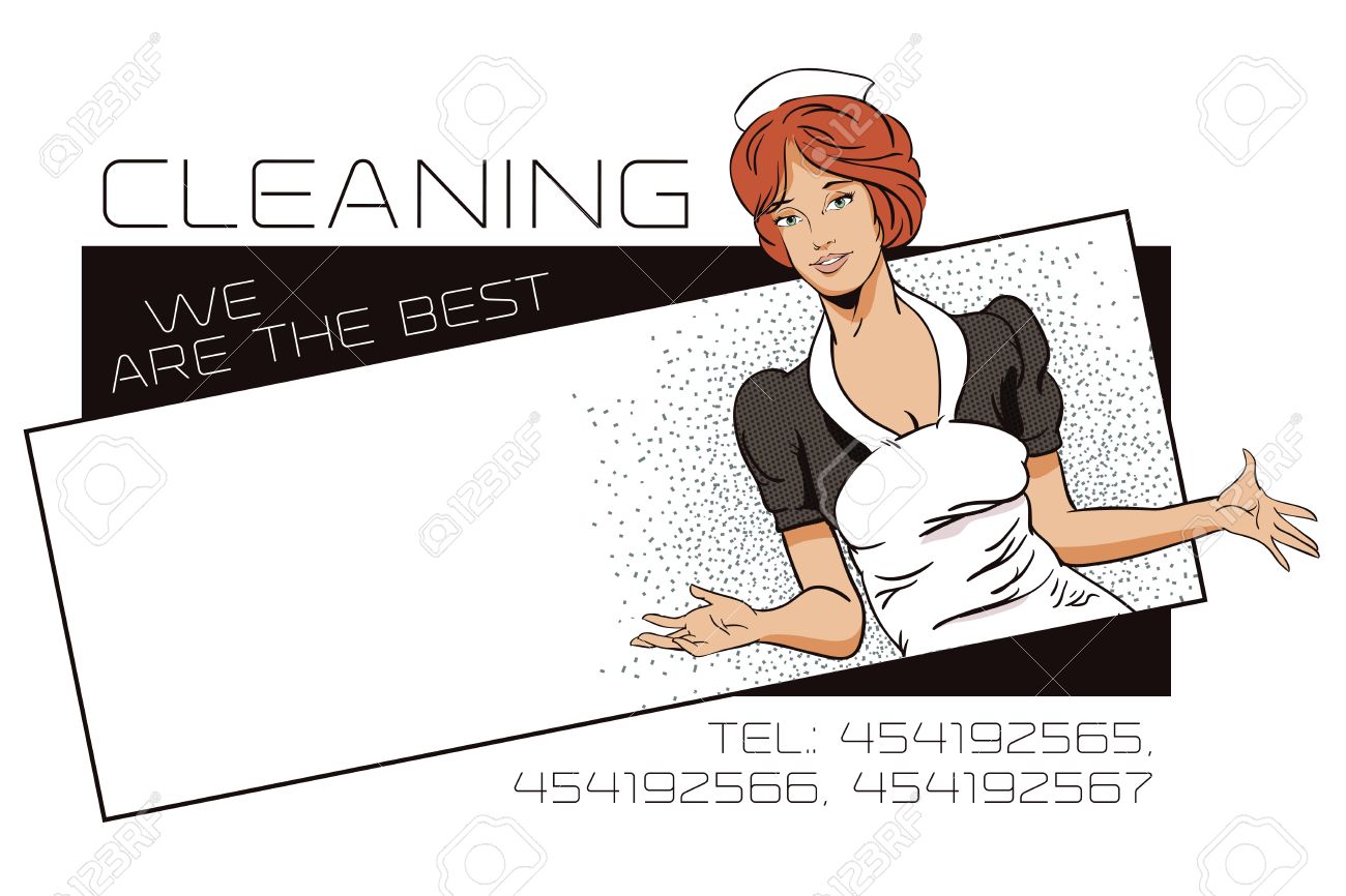 people in retro style pop art and vintage advertising the girl cleaning service ads