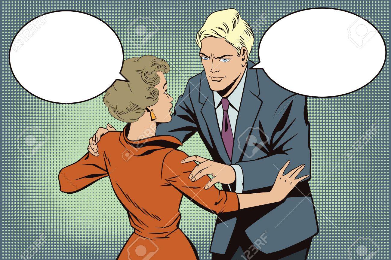 ストック イラスト レトロなスタイルのポップアートとビンテージ広告の人々 失恋 女の子と男の子の話 のイラスト素材 ベクタ Image