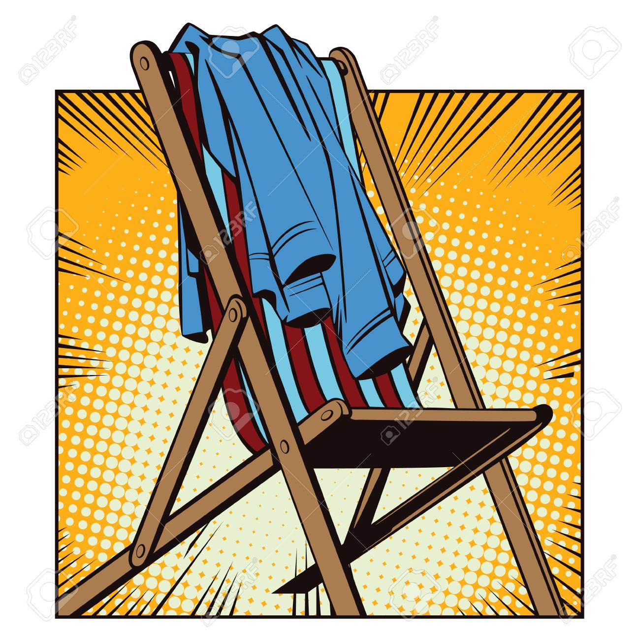 ストック イラスト レトロなスタイルのポップアート ヴィンテージ広告オブジェクトします 放棄された服を着てビーチ寝椅子 のイラスト素材 ベクタ Image