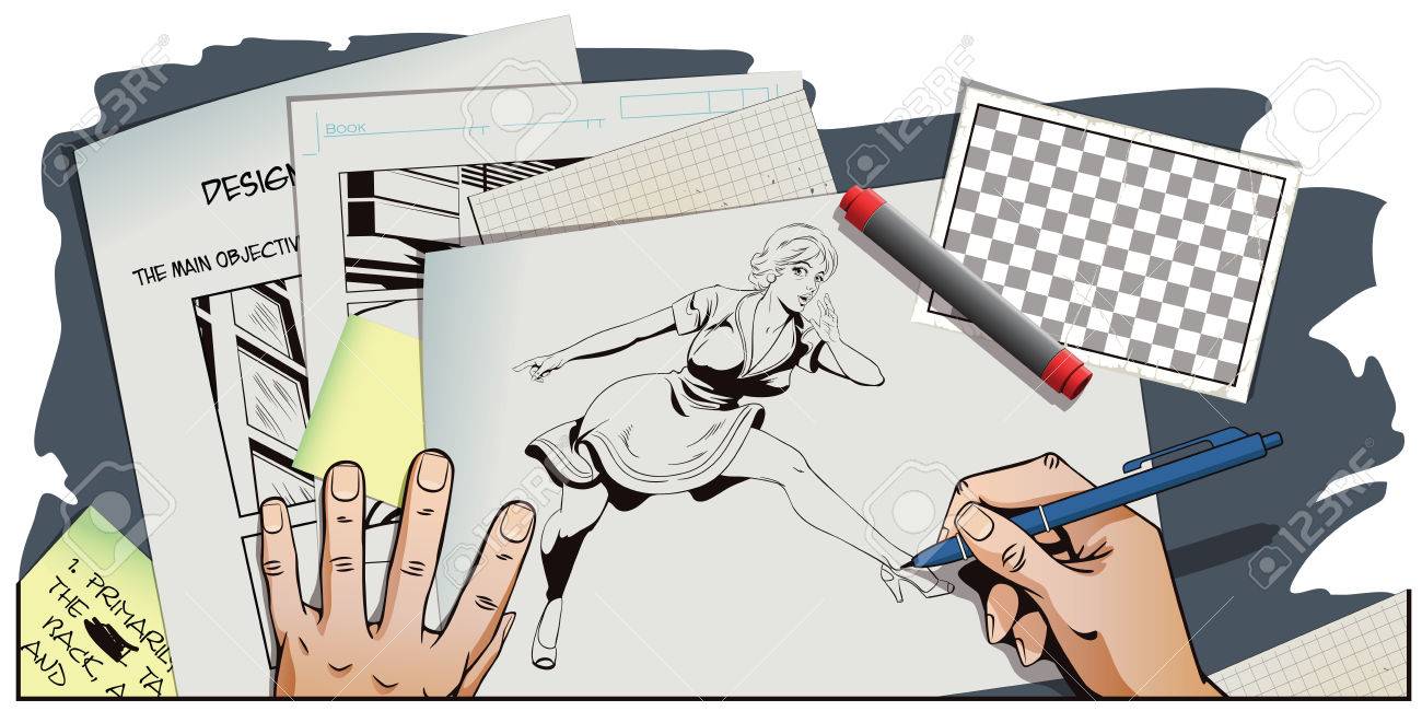 ストック イラスト レトロなスタイルの人々 プレゼンテーション テンプレート 驚きの若い女性は 指を指しています プロモーションの女の子 ここで あなたの広告のブランド 手の写真を描画します のイラスト素材 ベクタ Image