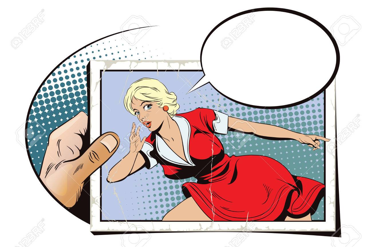 ストック イラスト レトロなスタイルの人々 プレゼンテーション テンプレート 驚きの若い女性は 指を指しています プロモーションの女の子 ここ で あなたの広告のブランド 写真の手 のイラスト素材 ベクタ Image