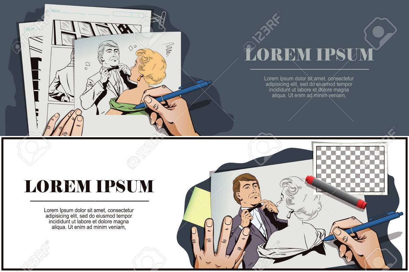 ストック イラスト レトロなスタイルのポップアートとビンテージ広告の人々 誇りに思って男は彼のネクタイを調整します これが恐怖の女の子 手の写真を描画します のイラスト素材 ベクタ Image