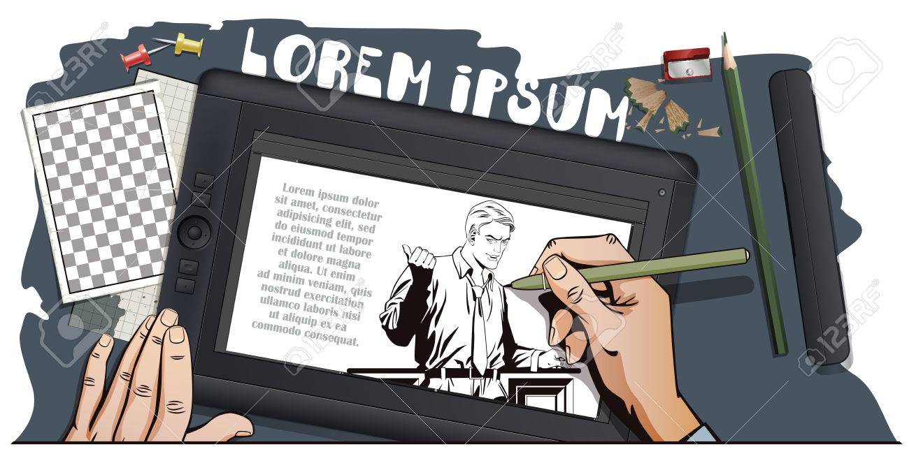 ストック イラスト レトロなスタイルの人々 プレゼンテーション テンプレート 成功したビジネスマンは 指を指しています プロモの男 ここ で あなたの広告のブランド 手は タブレット上の画像を描画します のイラスト素材 ベクタ Image