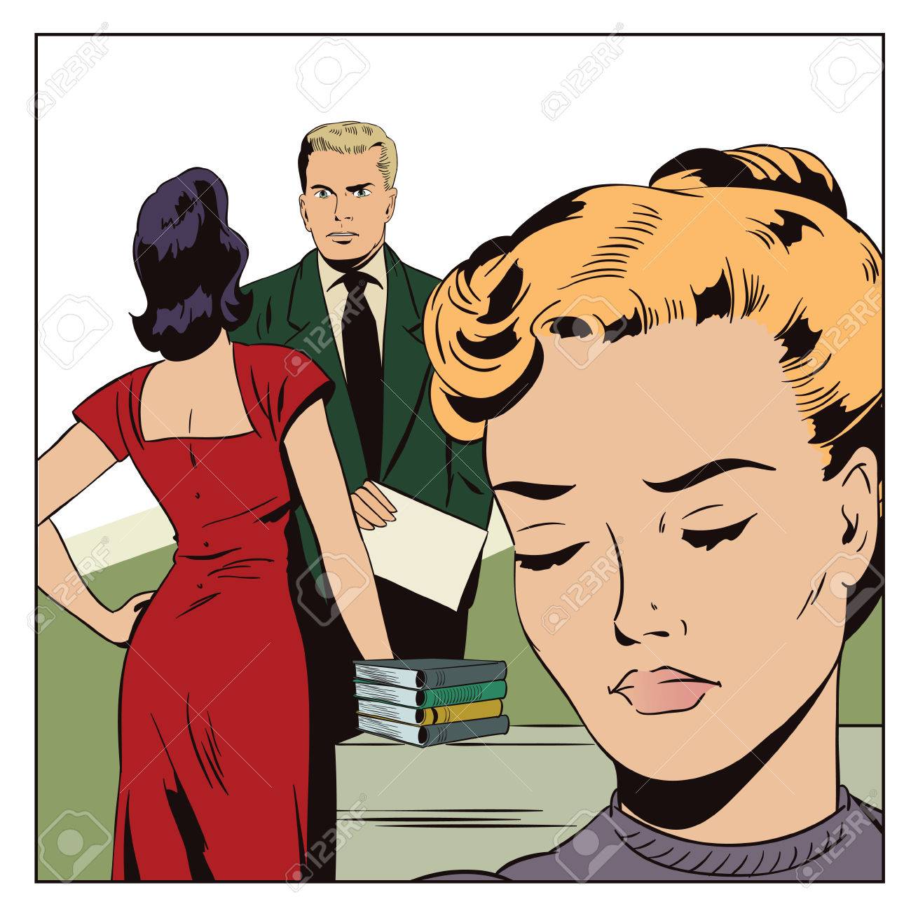 ストック イラスト レトロなスタイルのポップアートとビンテージ広告の人々 オフィスで愛情のあるカップル 若い女が嫉妬です のイラスト素材 ベクタ Image