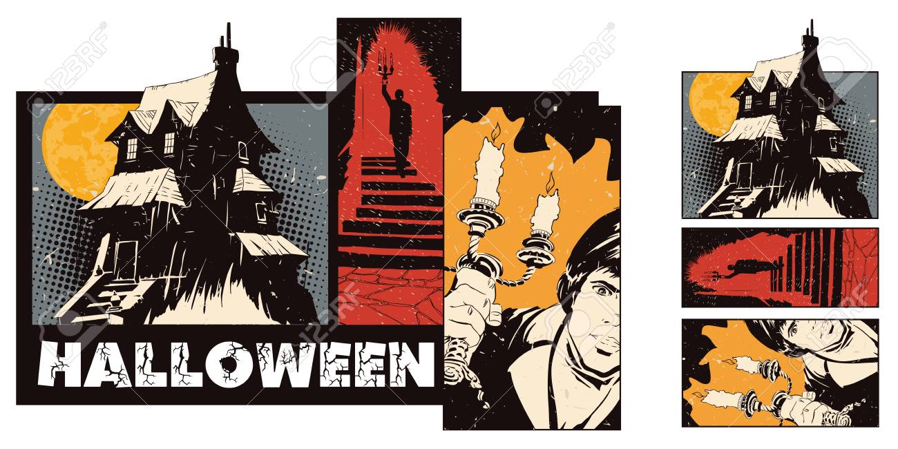 ストック イラスト レトロなスタイルのポップアートとビンテージのハロウィーンをテーマにコラージュを広告の人 のイラスト素材 ベクタ Image
