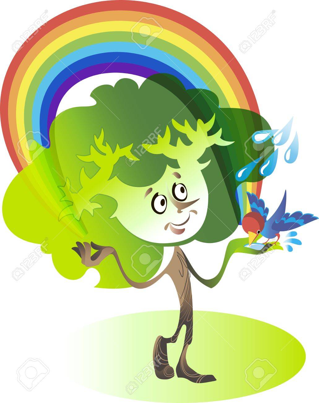 Personnage De Dessin Animé Arbre Détient Arc En Ciel Et Les Eaux Des Oiseaux De La Forêt De Palmiers