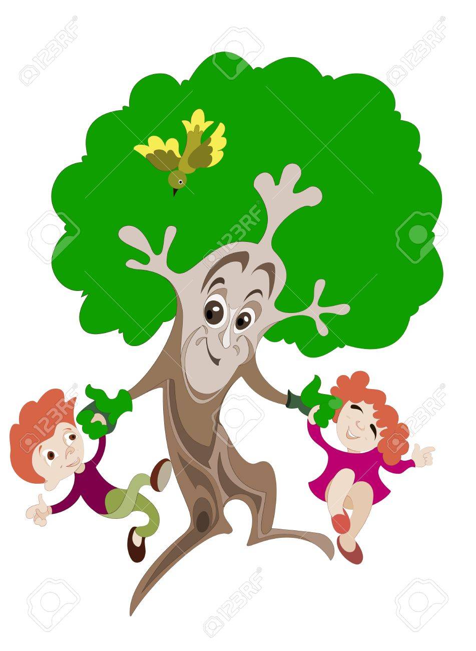 animated image of a tree which plays with two young children