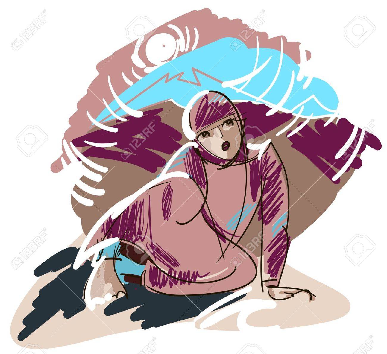 アフガニスタンの少女 山の風景の背景の民族衣装でティーンエイ ジャーのスケッチのイラスト素材 ベクタ Image