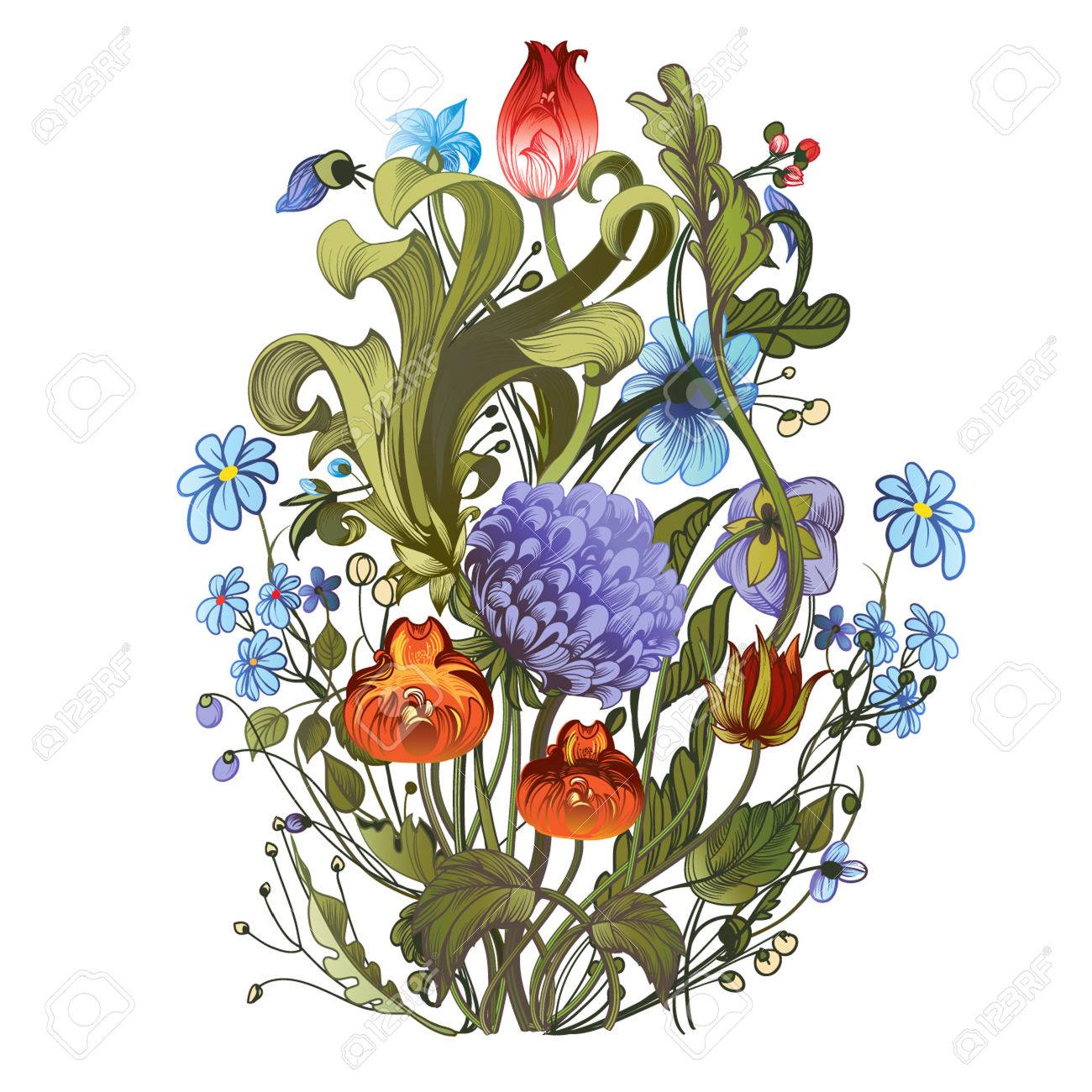 Un Bouquet Lumineux De Fleurs De Jardin Décoratif Dessin Main