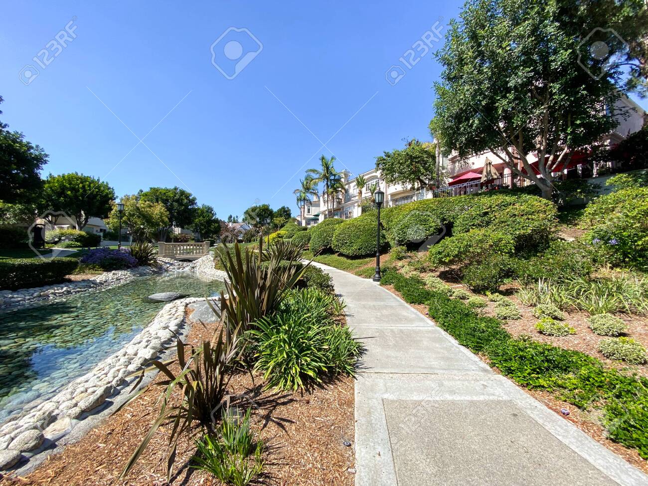 Public Park With Green Garden And Landscape Design With Water Pond And Small Water Stream Surrounded By Villa In La Jolla California Usa Stock Photo Picture And Royalty Free Image Image 152465196