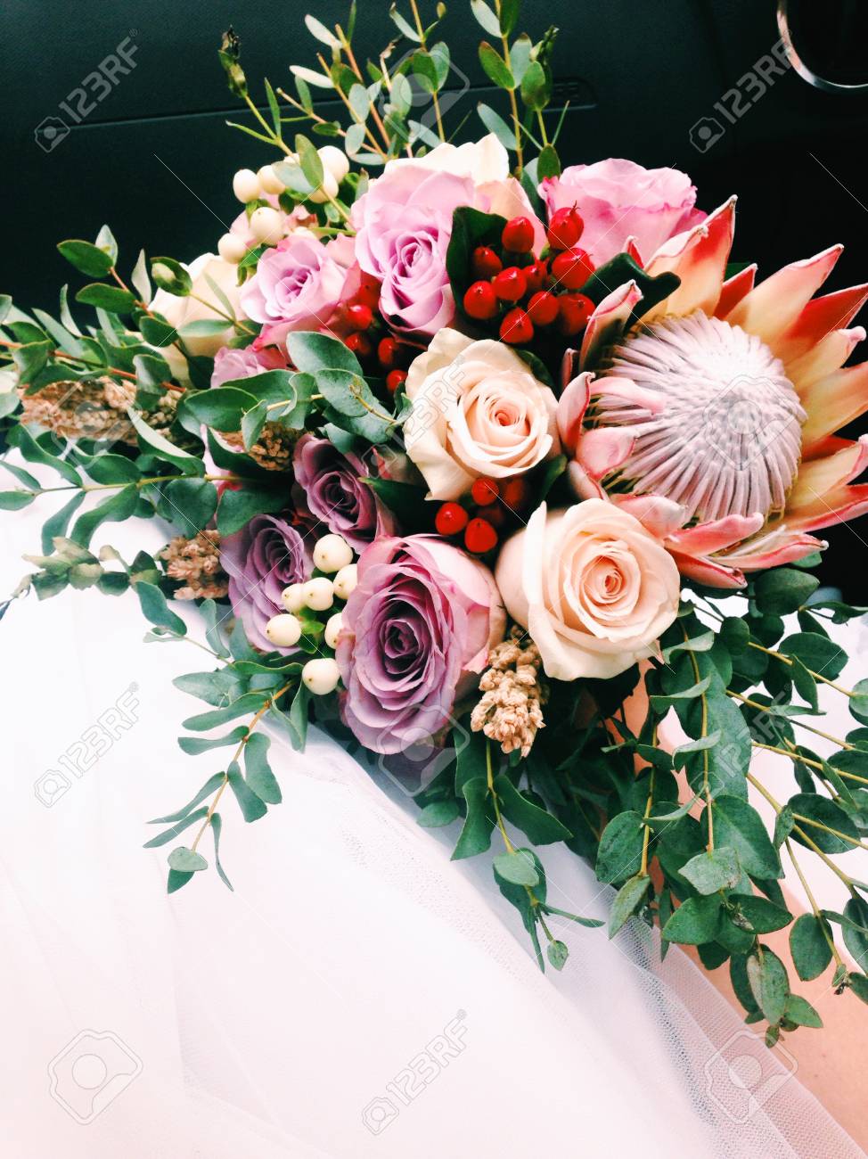 Flowers Arrangement On Bridal Car Happy Wedding Stock Photo