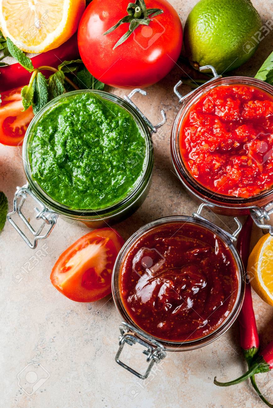 Indian Traditional Food Set Of Three Chutney For Chaat And Sev Stock Photo Picture And Royalty Free Image Image