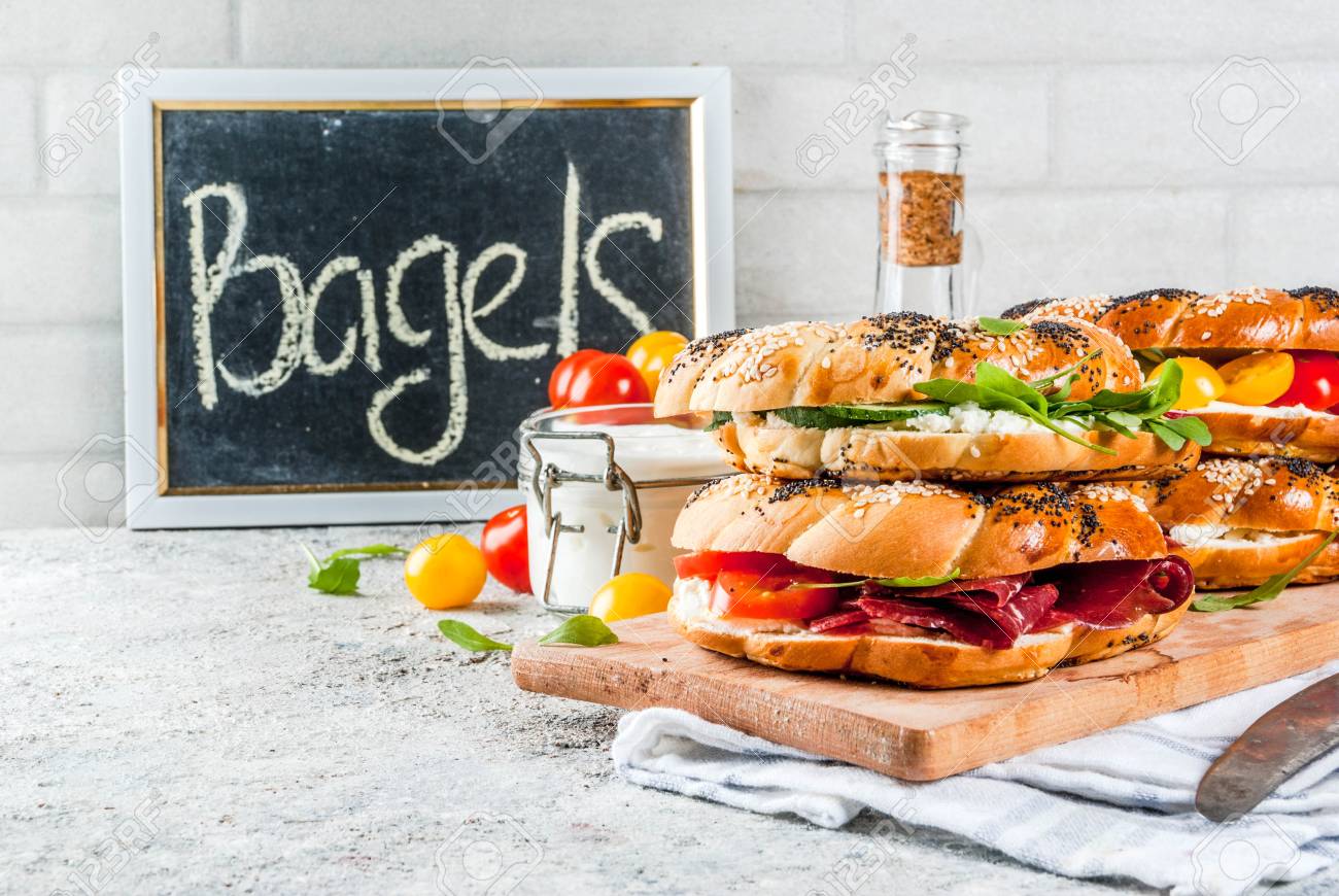 Variety Of Homemade Bagels Sandwiches With Sesame And Poppy Seeds