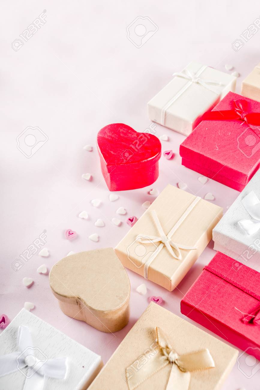 Valentines day gifts boxes background, frame for holiday greeting..