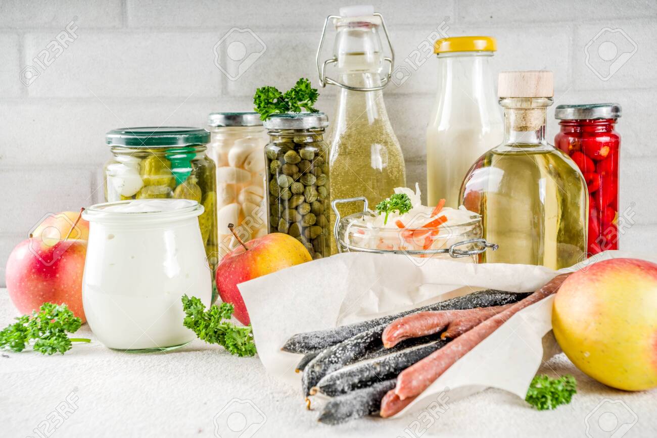 Assortment Of Various Fermented Food Apple Cider Vinegar Fermented Stock Photo Picture And Royalty Free Image Image 120186531